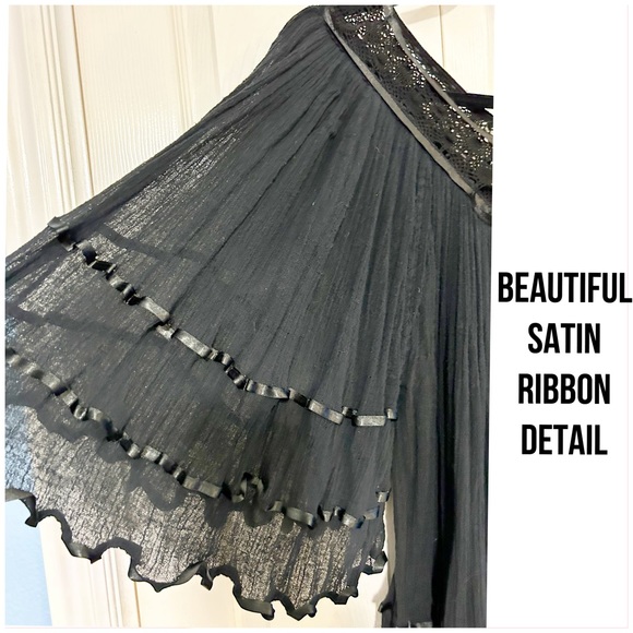 NWOT Elan Anthropology, Black Mesh, Ribbon Detail Semi Sheer Boho Top / Cover Up - Picture 8 of 10